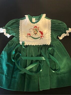 Vintage Kids Green Velvet Holiday Dress with Embroidered Bib